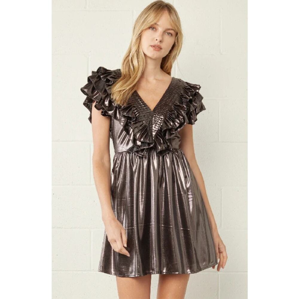 Entro Bronze Metallic Ruffles Mini Dress‎ Women's Medium Party Glam Occasion NWT